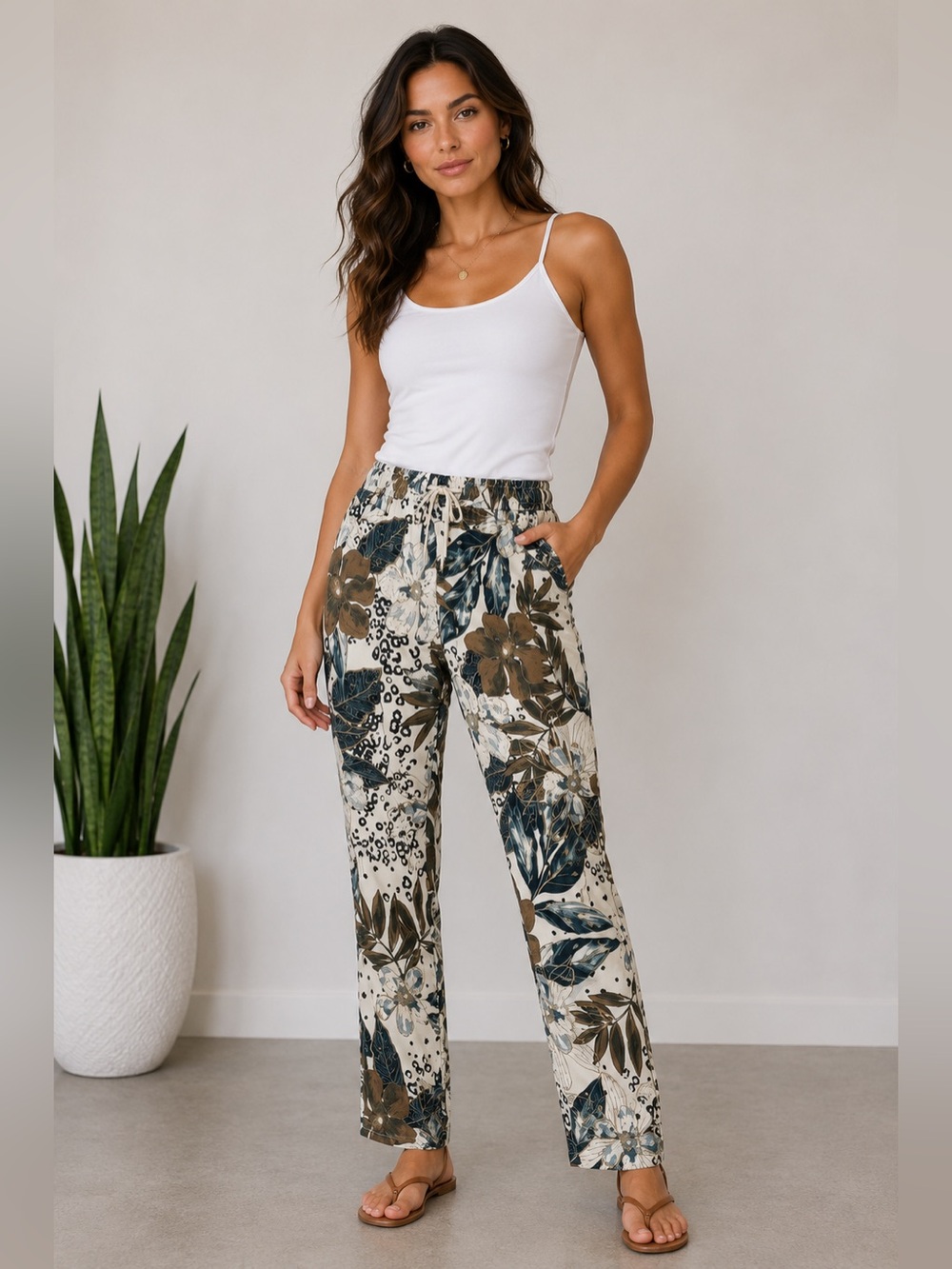 Made in Italy Botanical Leaf Print Pants Elastic Waist Tapered Leg Boho Resort
